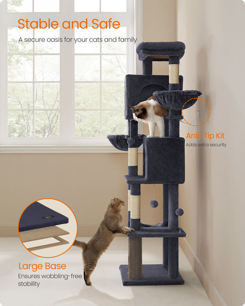 Tall 175 cm Cat Tree Tower with 5 Scratching Posts in Dark Grey by Feandrea