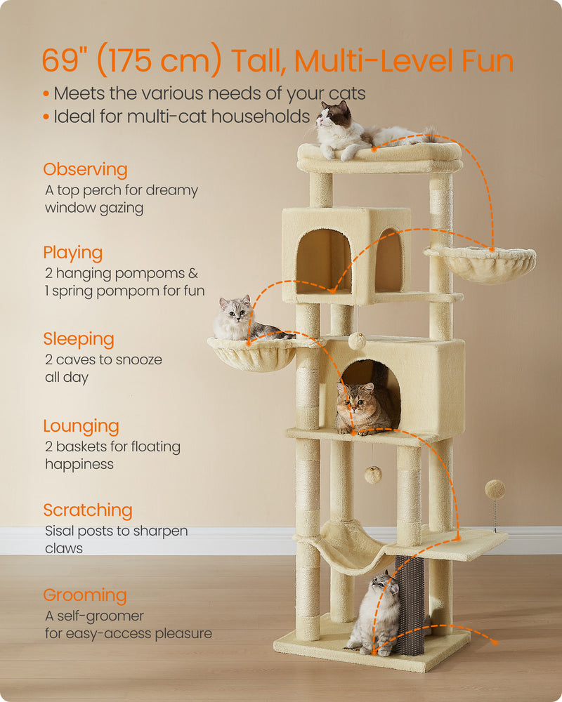 Tall Cat Tree 175 cm with Five Scratching Posts in Sand Beige for Active Cats by Feandrea