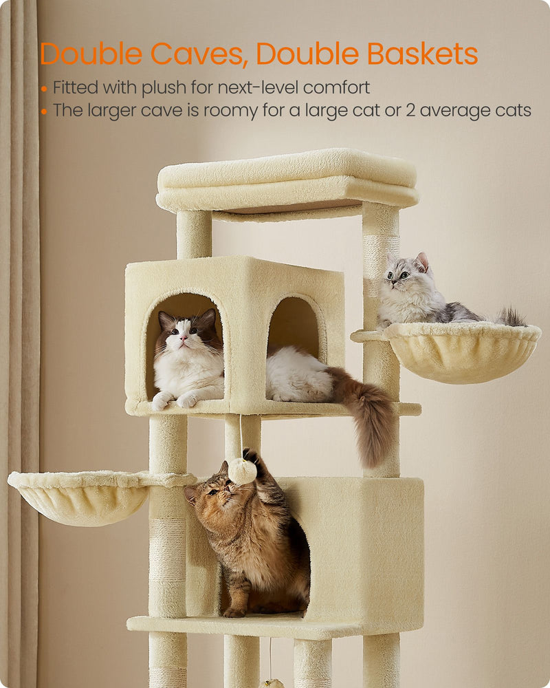 Tall Cat Tree 175 cm with Five Scratching Posts in Sand Beige for Active Cats by Feandrea