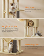 Tall Cat Tree 175 cm with Five Scratching Posts in Sand Beige for Active Cats by Feandrea
