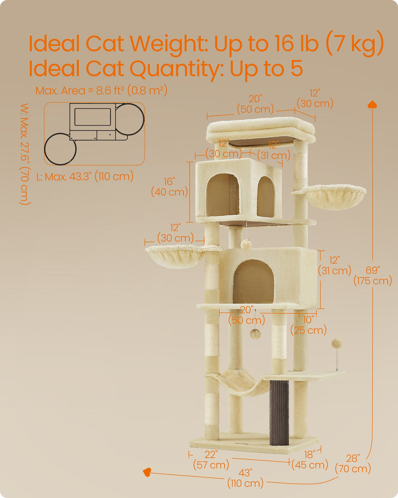 Tall Cat Tree 175 cm with Five Scratching Posts in Sand Beige for Active Cats by Feandrea