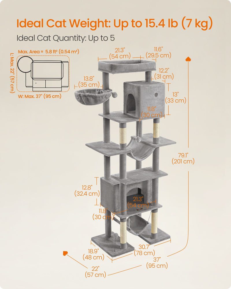 Extra Tall 201 cm XXL Cat Tree Tower with Scratching Posts for Big Cats by Feandrea, Light Grey 