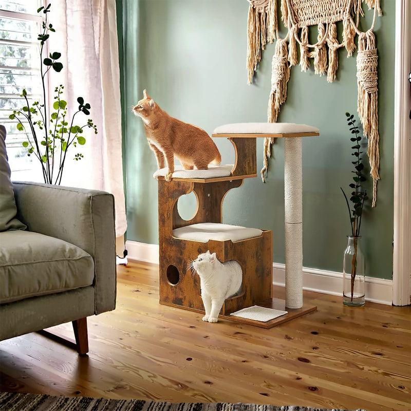 Modern Cat Tree Tower with Three Perches and Cosy Cat Cave for Indoor Cats by Feandrea
