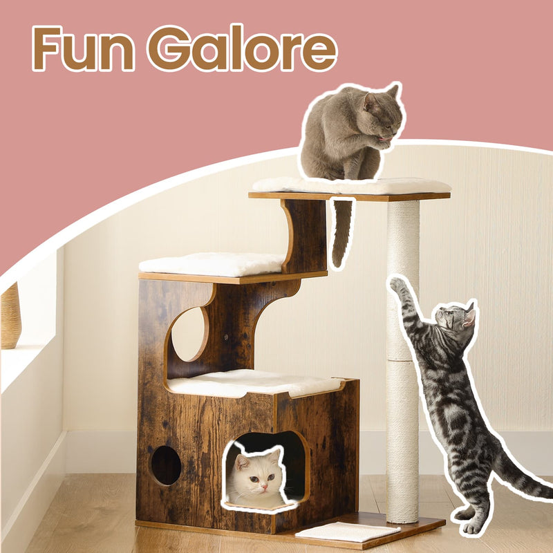 Modern Cat Tree Tower with Three Perches and Cosy Cat Cave for Indoor Cats by Feandrea
