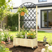 Wooden Raised Garden Planter with Trellis and Wheels for Privacy and Climbing Plants Natural Outsunny