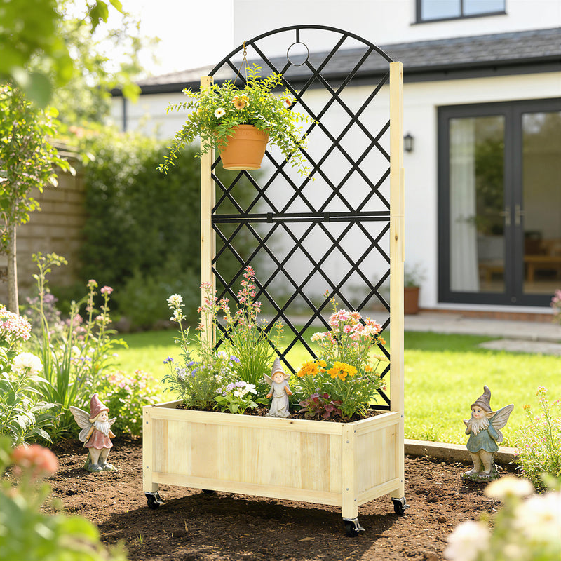 Wooden Raised Garden Planter with Trellis and Wheels for Privacy and Climbing Plants Natural Outsunny