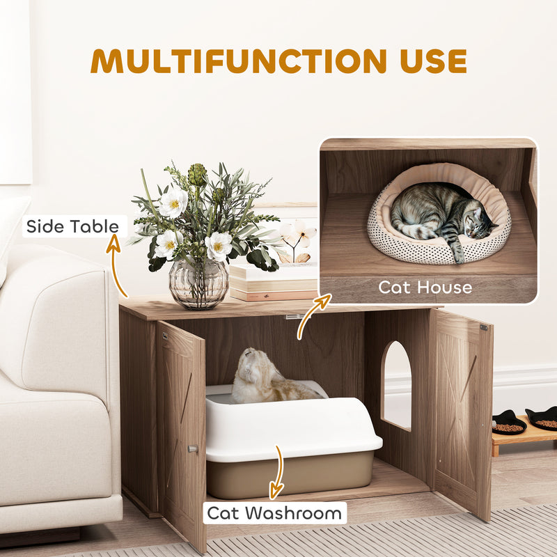 Walnut Brown Cat Litter Box Enclosure with Double Doors and Side Entrance by PawHut