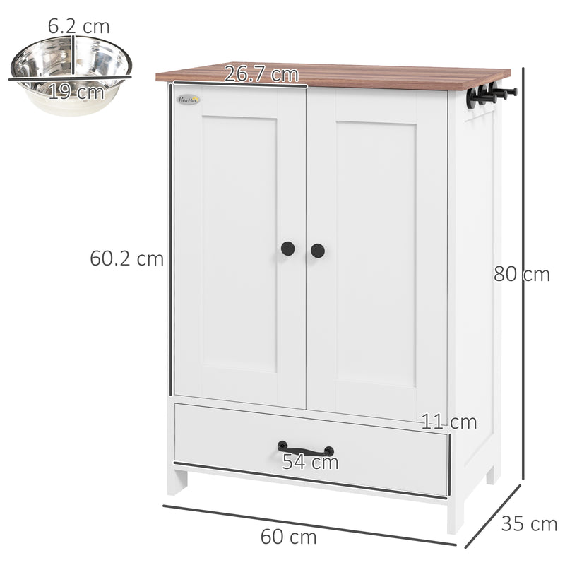 White Pet Feeding Station with Raised Dog Bowls Storage Cabinet and Hooks