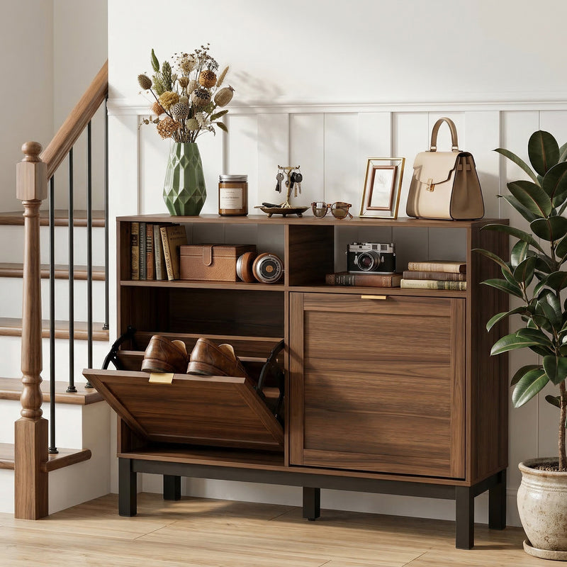 Shoe Storage Cabinet for Narrow Hallways with Flip Drawers and Open Shelves Rustic Brown AOSOM