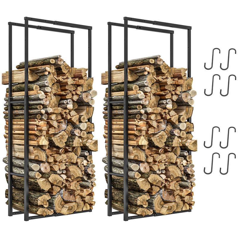 Black Retractable Firewood Log Rack Set of 2 With Hooks for Indoor Outdoor Use by Outsunny