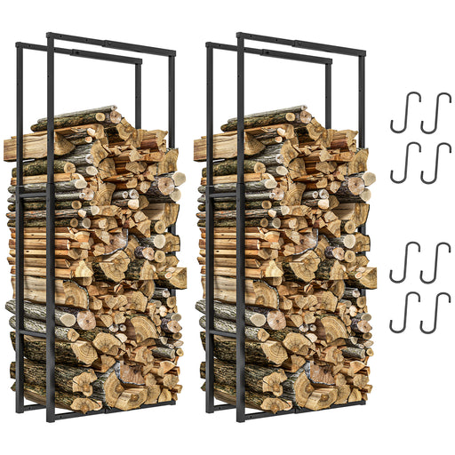 Black Retractable Firewood Log Rack Set of 2 With Hooks for Indoor Outdoor Use by Outsunny