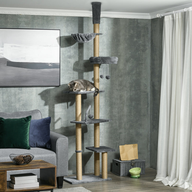 Floor to Ceiling Cat Tree Tower with Hammock and Scratching Posts for Indoor Play Grey