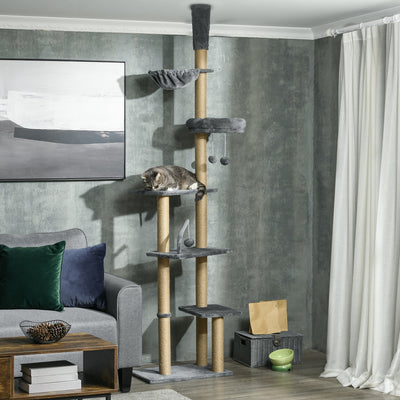 Floor to Ceiling Cat Tree Tower with Hammock and Scratching Posts for Indoor Play Grey