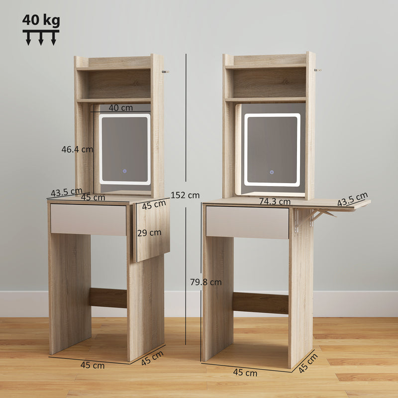 Dressing Table with Adjustable LED Mirror and Storage for Small Bedrooms Natural Wood AOSOM