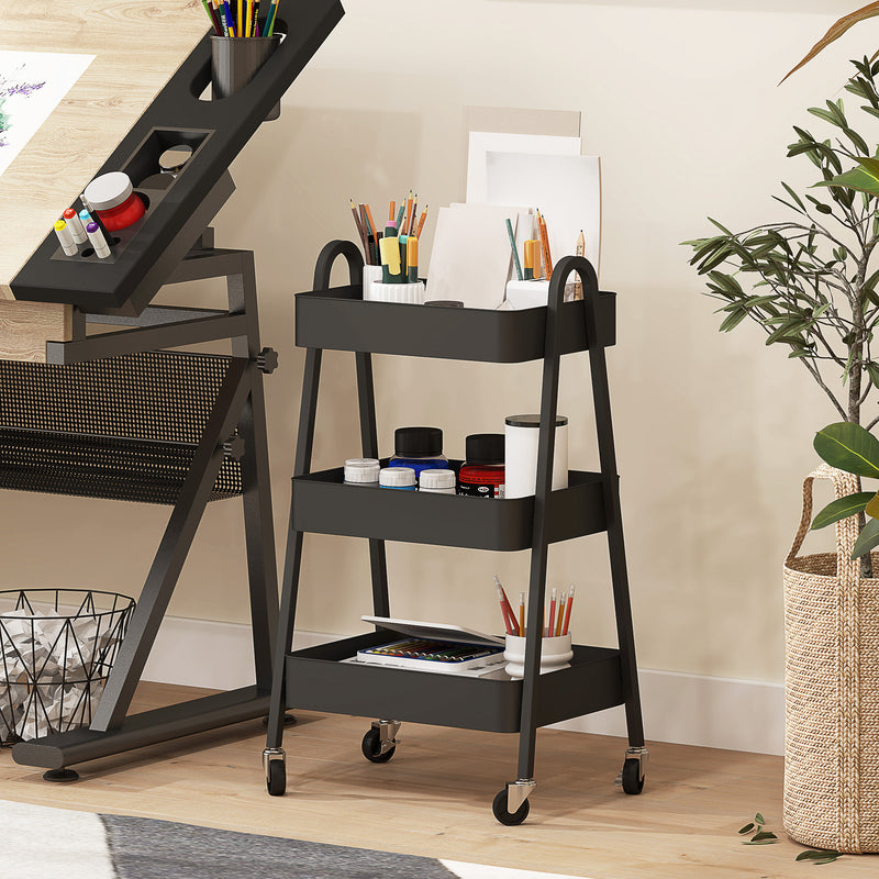 Black 3 Tier Storage Trolley with Wheels for Home and Office by HOMCOM