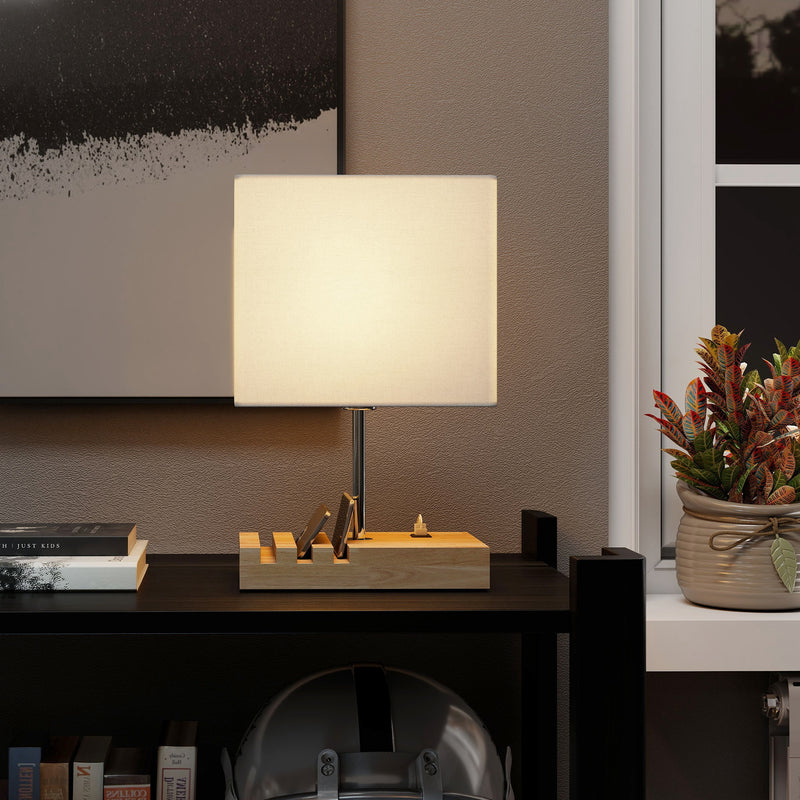 Modern Bedside Table Lamp with USB Charging Ports and Phone Stands for Bedroom White AOSOM