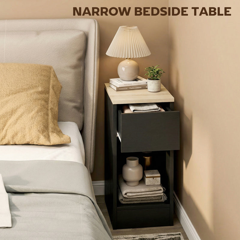 Slim Bedside Table Set of 2 with Drawer and Shelf for Small Spaces Black AOSOM