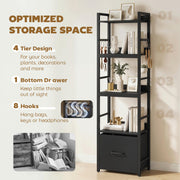 Slim Bookshelf with Drawer and Hooks for Small Spaces and Organised Storage Black AOSOM