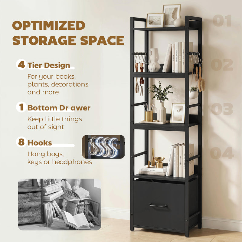 Slim Bookshelf with Drawer and Hooks for Small Spaces and Organised Storage Black AOSOM