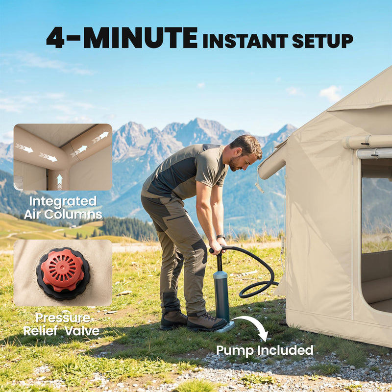 Waterproof Inflatable Camping Tent With Detachable Awning, 6-8 Person, Khaki