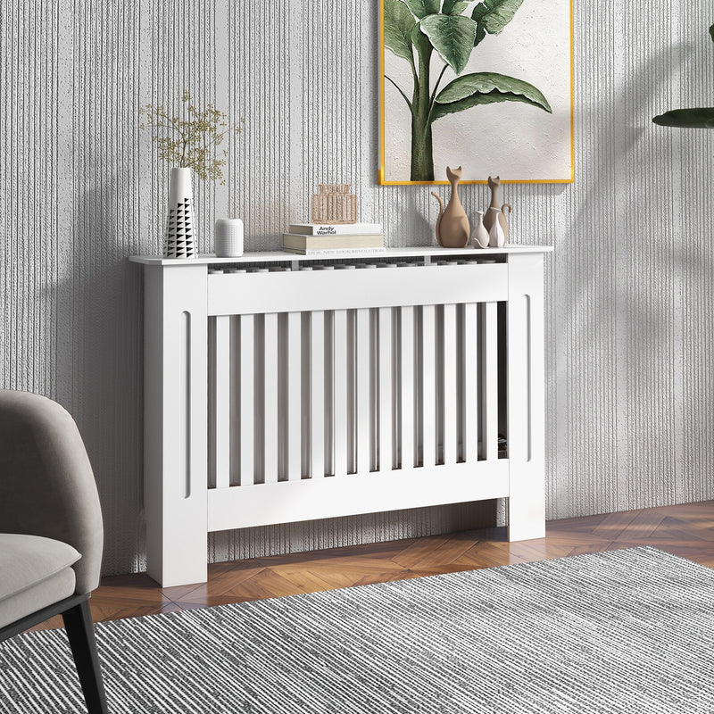 White Slatted MDF Radiator Cover Cabinet With Lined Grill Ideal For Stylish Heating