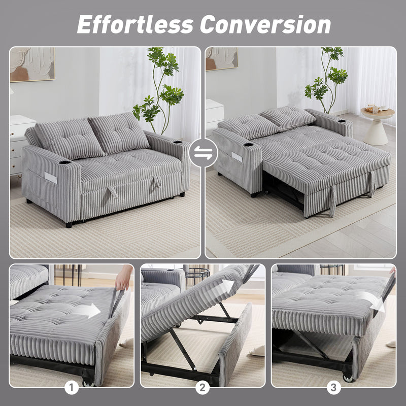 2 Seater Click Clack Sofa Bed With Pull Out Design For Guests Corduroy Upholstery Light Grey