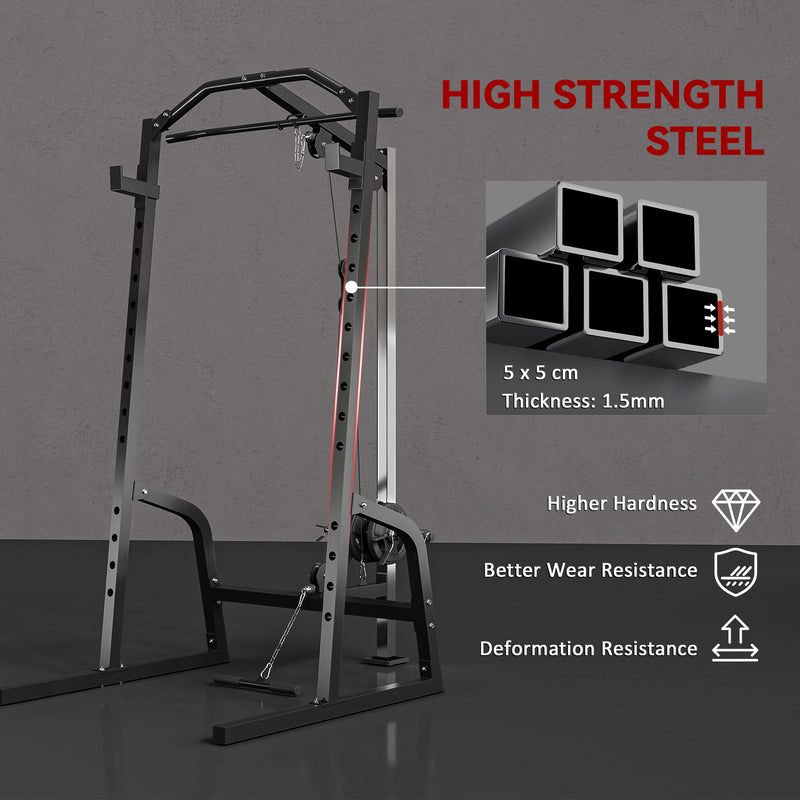 Home Gym Power Cage with 15 Level Squat Rack and Pulley System for Strength Training Black AOSOM