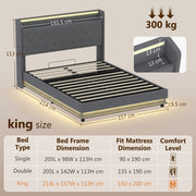 King Size Ottoman Storage Bed Frame with USB Charging and LED Lighting Dark Grey AOSOM