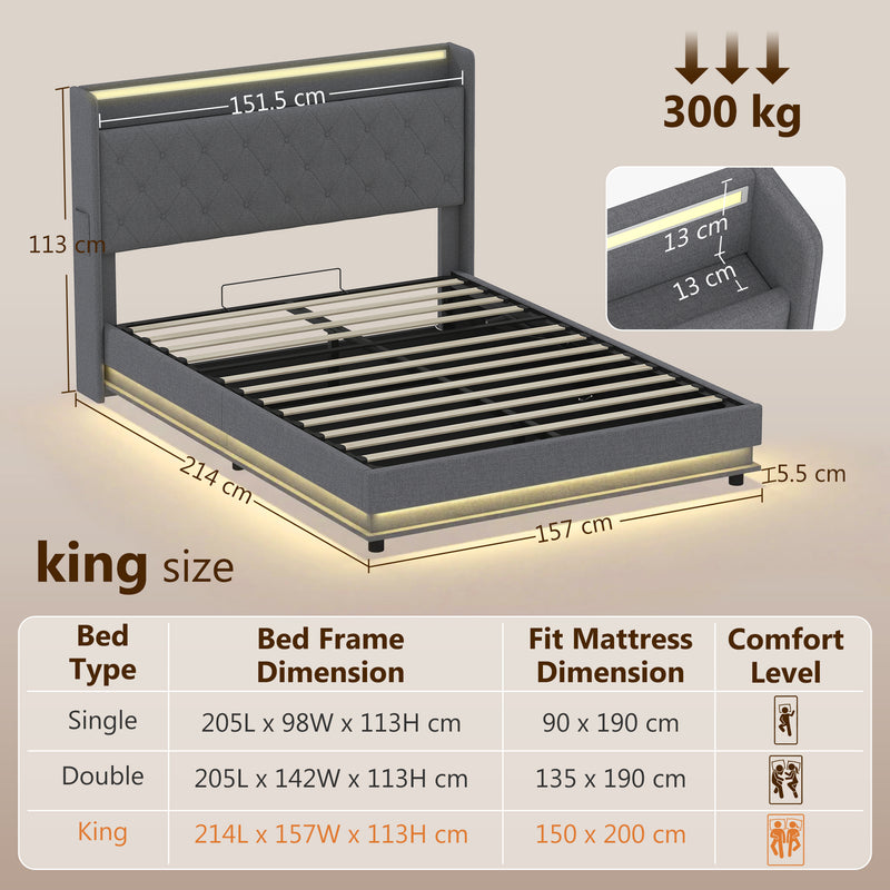 King Size Ottoman Storage Bed Frame with USB Charging and LED Lighting Dark Grey AOSOM