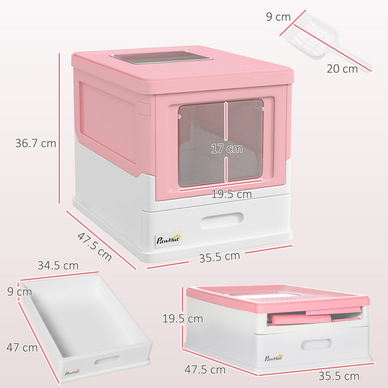 Pink Hooded Cat Litter Box With Scoop Portable Front Entry Pet Toilet by PawHut