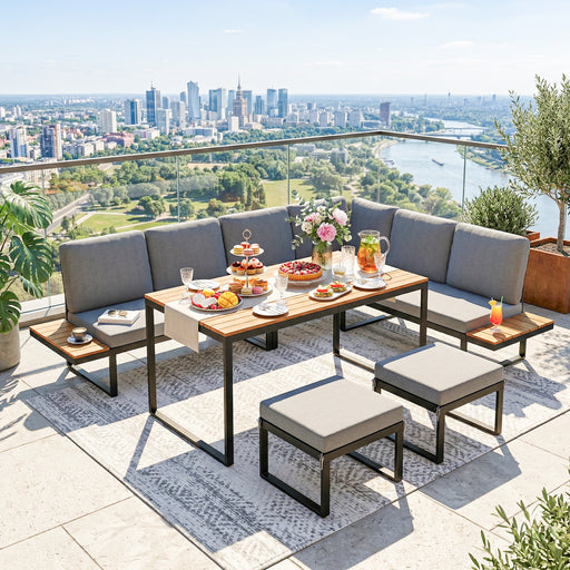 Outdoor Modular Sofa Dining Set for 8 with Cushions and Dining Table Grey and Wood Effect Outsunny