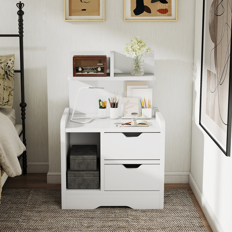 Modern Bedside Table with 2 Drawers and Open Storage Shelves for Bedroom White