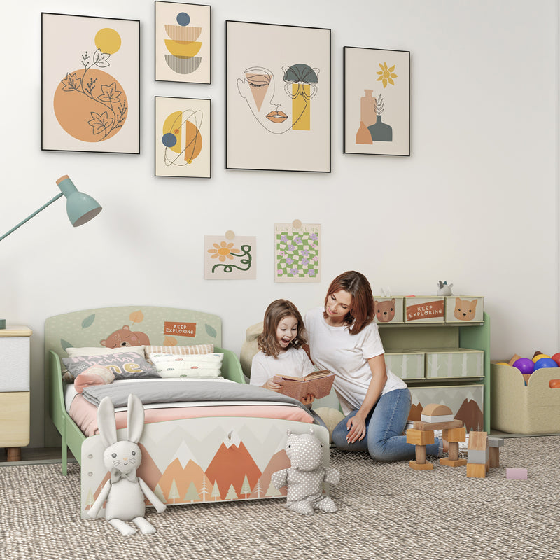 Toddler Bed Frame with Storage Shelf and 6 Fabric Bins for Kids Aged 3 to 6 Years Green AOSOM