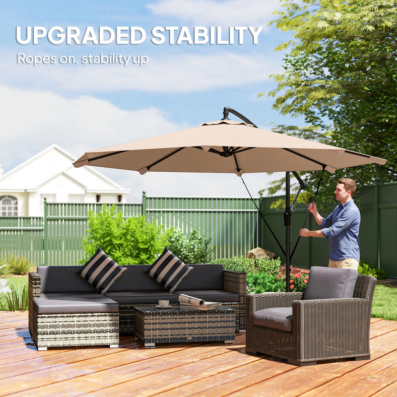 Garden Cantilever Parasol with Large Shade and Wind Ropes for Patio Comfort, Khaki