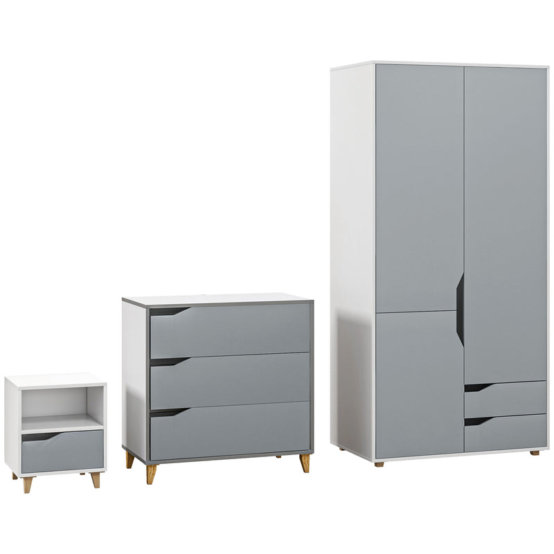 3 Piece Bedroom Furniture Set With Wardrobe And Storage Drawers For Home, Grey and White AOSOM