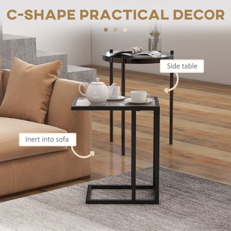 C Shape Bedside Table with Metal Frame and Marble Effect Top for Living Room, Grey