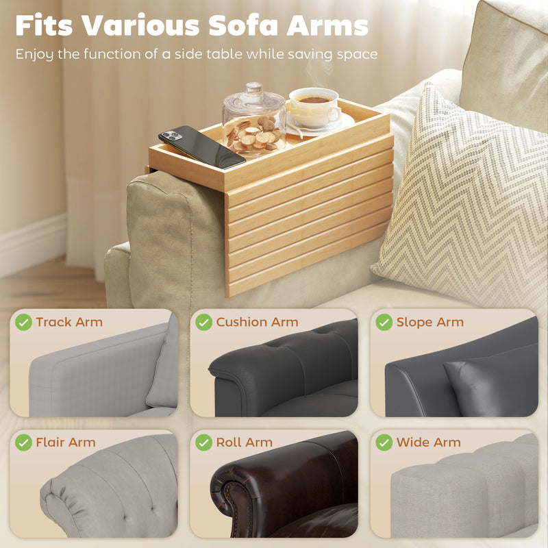 Sofa Arm Tray for Drinks and Snacks with Anti-Slip Base Bamboo Natural Wood Finish