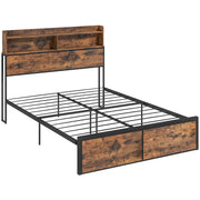 Industrial Double Bed Frame with Storage Headboard and Slatted Base for Adults Rustic Brown