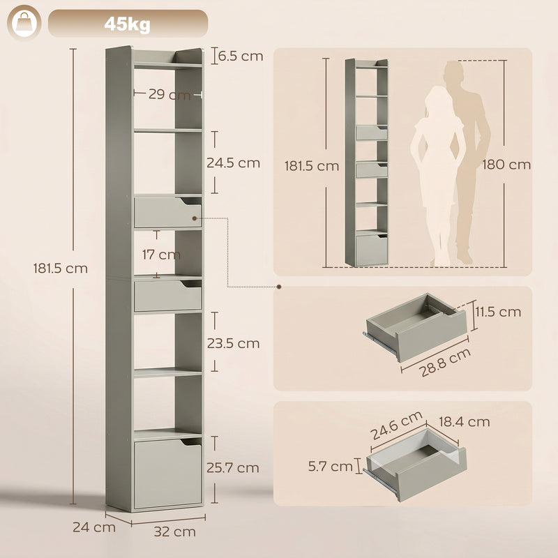 Slim Bookcase with Shelves Drawers and Cabinet for Small Room Storage Grey