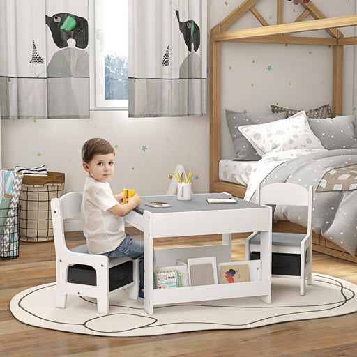 Kids Table and Chair Set with Blackboard Storage and Shelves for Playroom or Study, Grey