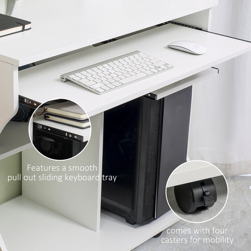 White Compact Work Desk with Multi Storage and Wheels by HOMCOM