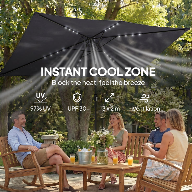 3x2m Garden Parasol with Lights for Daytime Shade and Evening Ambience, UPF30+