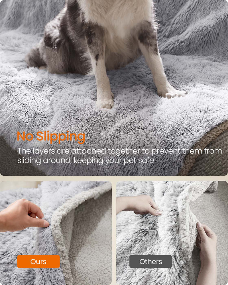 Close-up comparing the stitched no-slip layers of the Feandrea dog blanket with a standard blanket