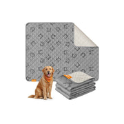 Large Waterproof Dog Blanket in Dove Grey folded with a Golden Retriever sitting alongside by Feandrea