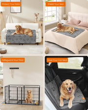 Collage showing the Dove Grey Dog Blanket protecting a sofa, bed, floor and car seat