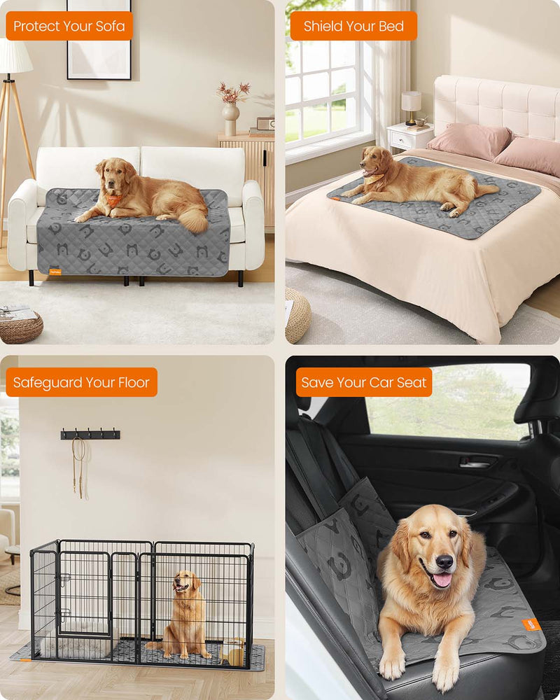 Collage showing the Dove Grey Dog Blanket protecting a sofa, bed, floor and car seat