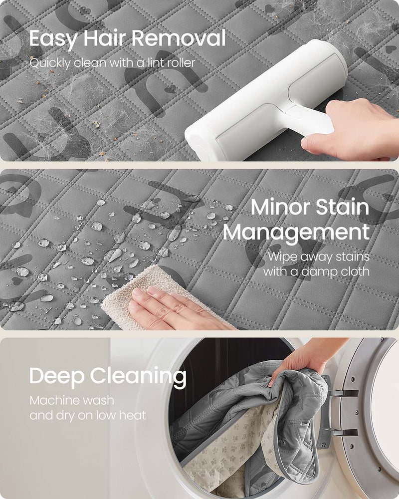 Cleaning graphics showing hair removal, stain wiping and machine washing for the dog blanket