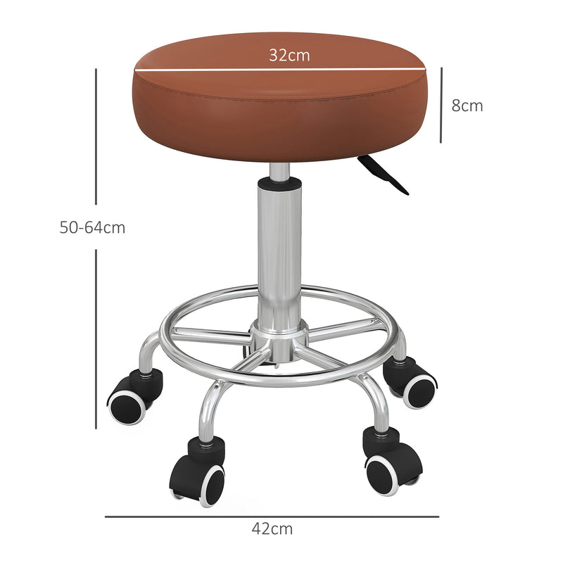 Height Adjustable PU Leather Rolling Stool With Wheels For Salon Or Spa Use Brown