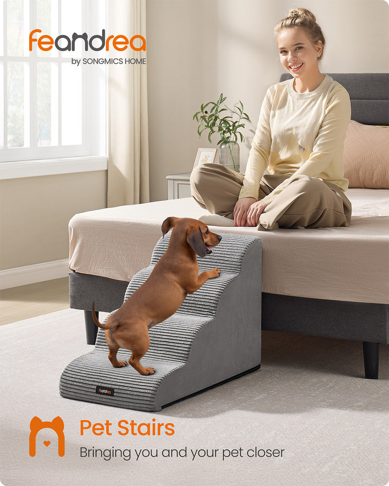 Small dog climbing the anti-slip corduroy steps