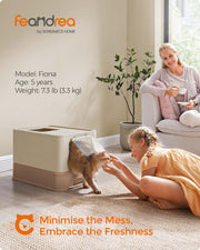 Top entry cat litter box with the front flap door open